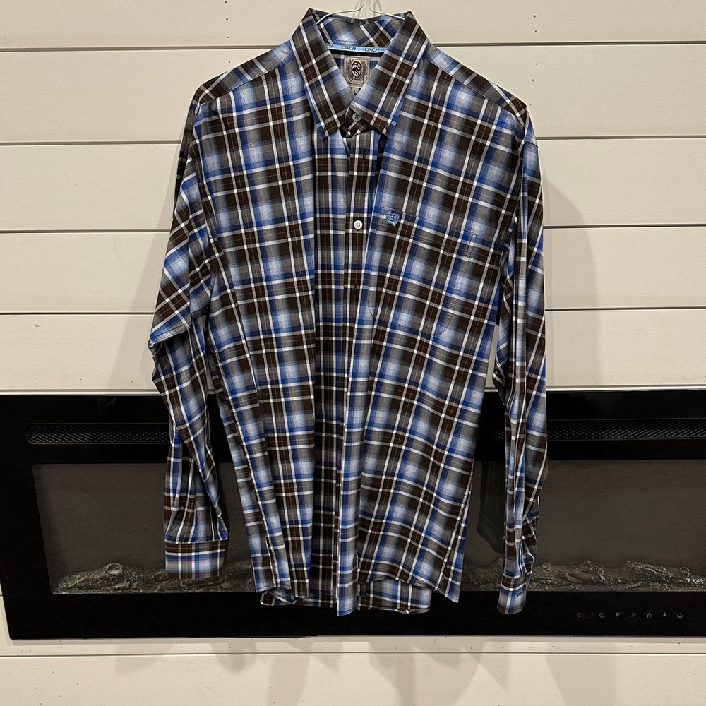 Cinch Men's Blue and Brown Checkered Shirt